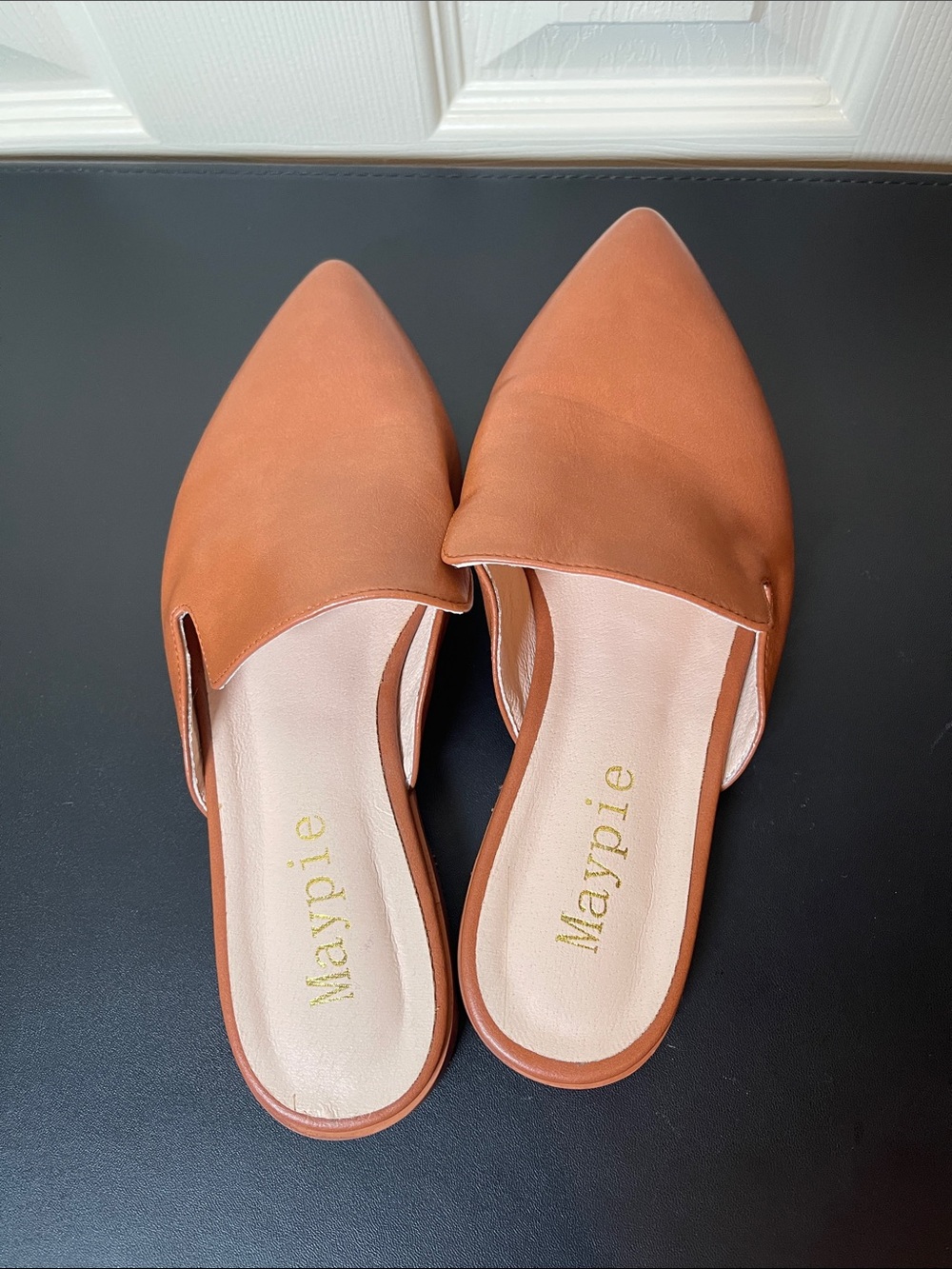 Maypie Pointed Slip-On Mules in Tan Leather-Look